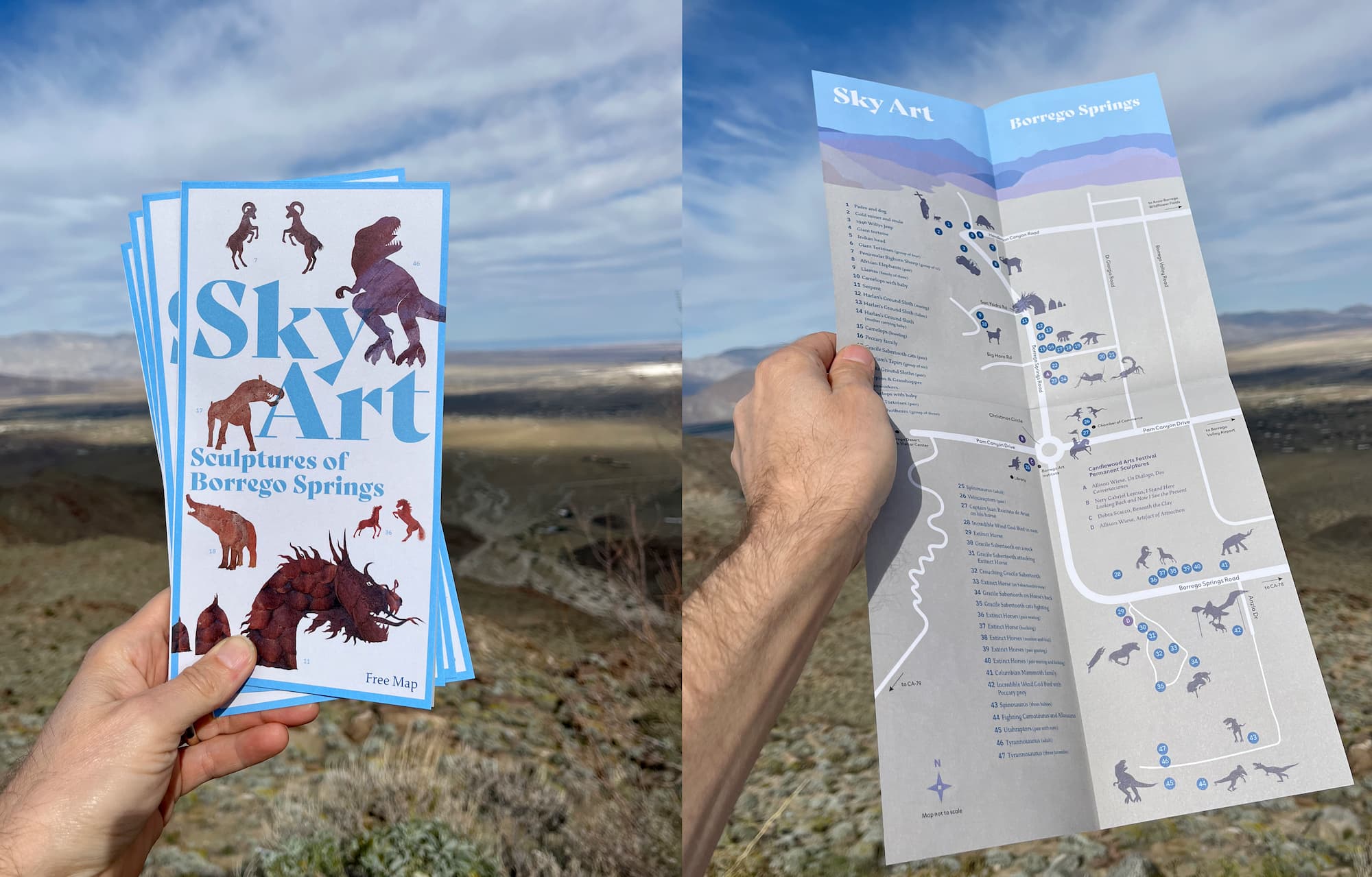 Map of Sky Art sculptures in front of vast desert scene